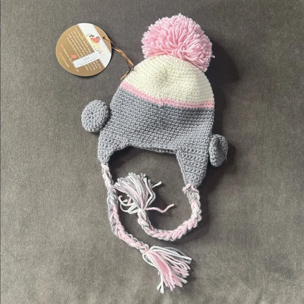 Daisy Baby Sock Monkey Beanie Hat Gray with Pink Pom 6-12 months Photography NEW